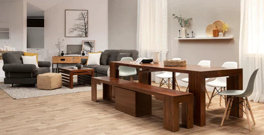 Modern furniture in a small living room dinning room combo.