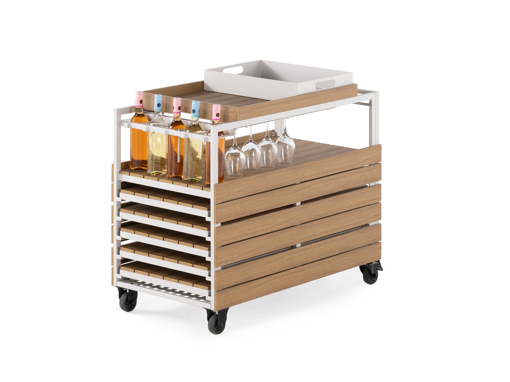 Rolling Serving Cart, Solid Wood Home Bar Cart With Handle With 2 Trays Portable Serving Trolley For Kitchen Dining Room Patio Teak
