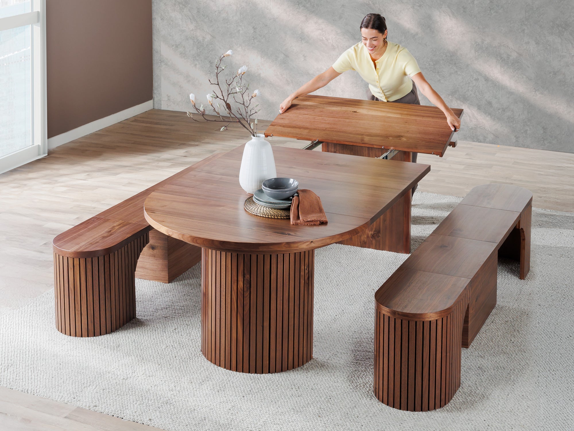 Extendable Round Dining Table with Benches | Transformer Table