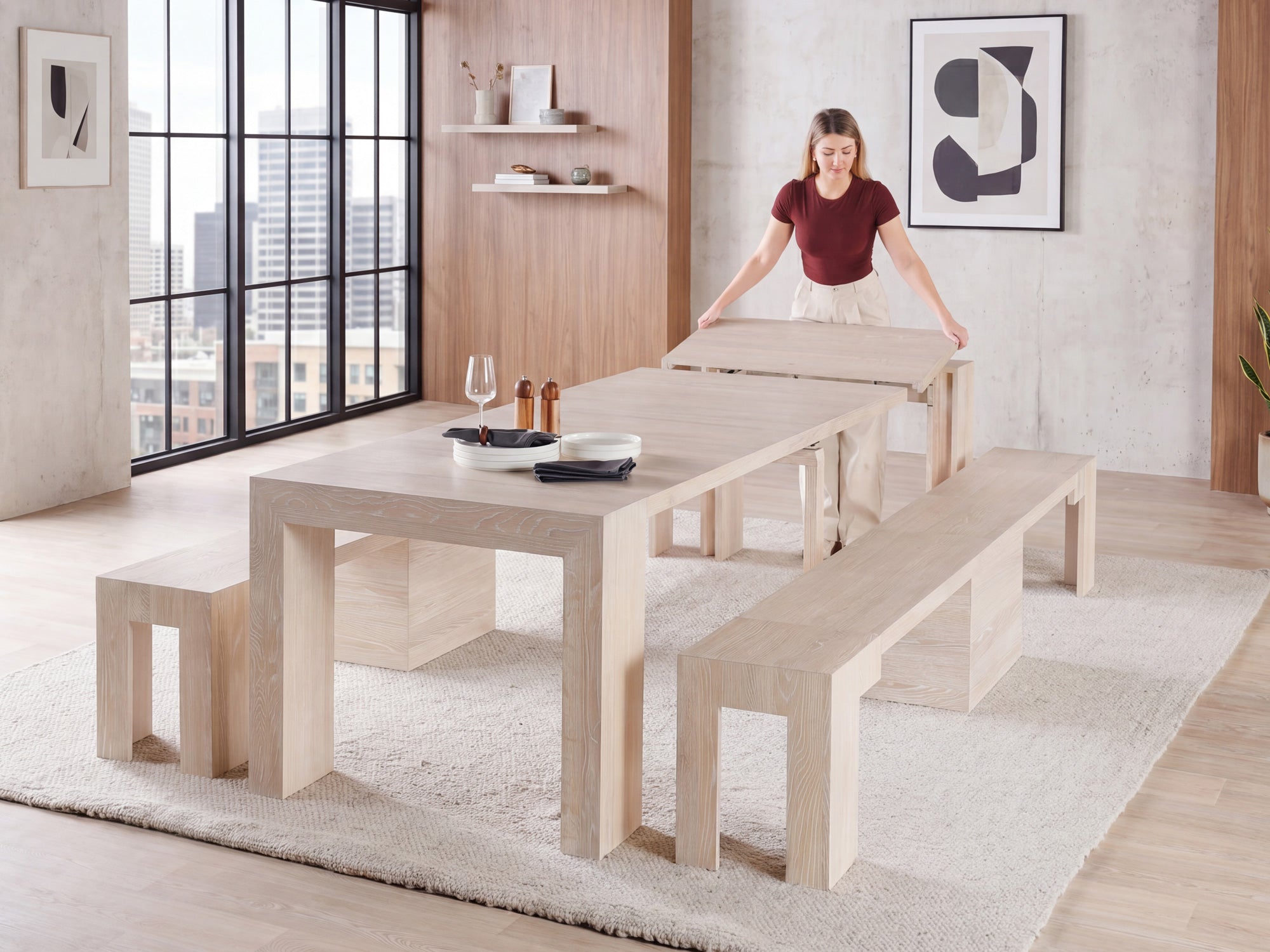 Extendable Dining Room Table Set with 2 Benches | TT US