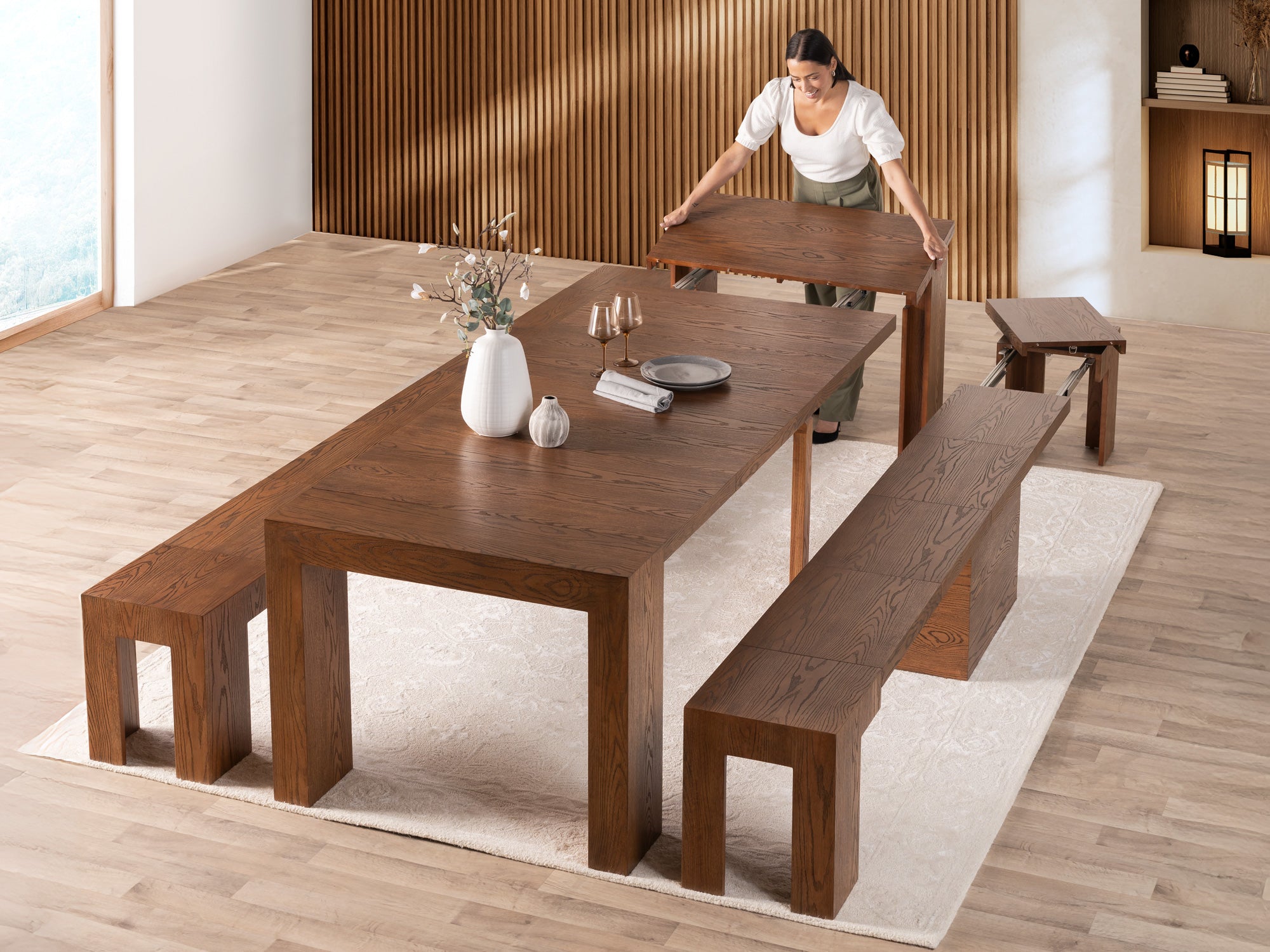 Extendable Dining Room Table Set with 2 Benches | TT US