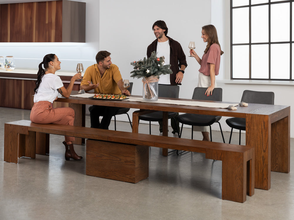 American Walnut::Gallery::Expanded American Walnut Transformer Table Shown with Bench