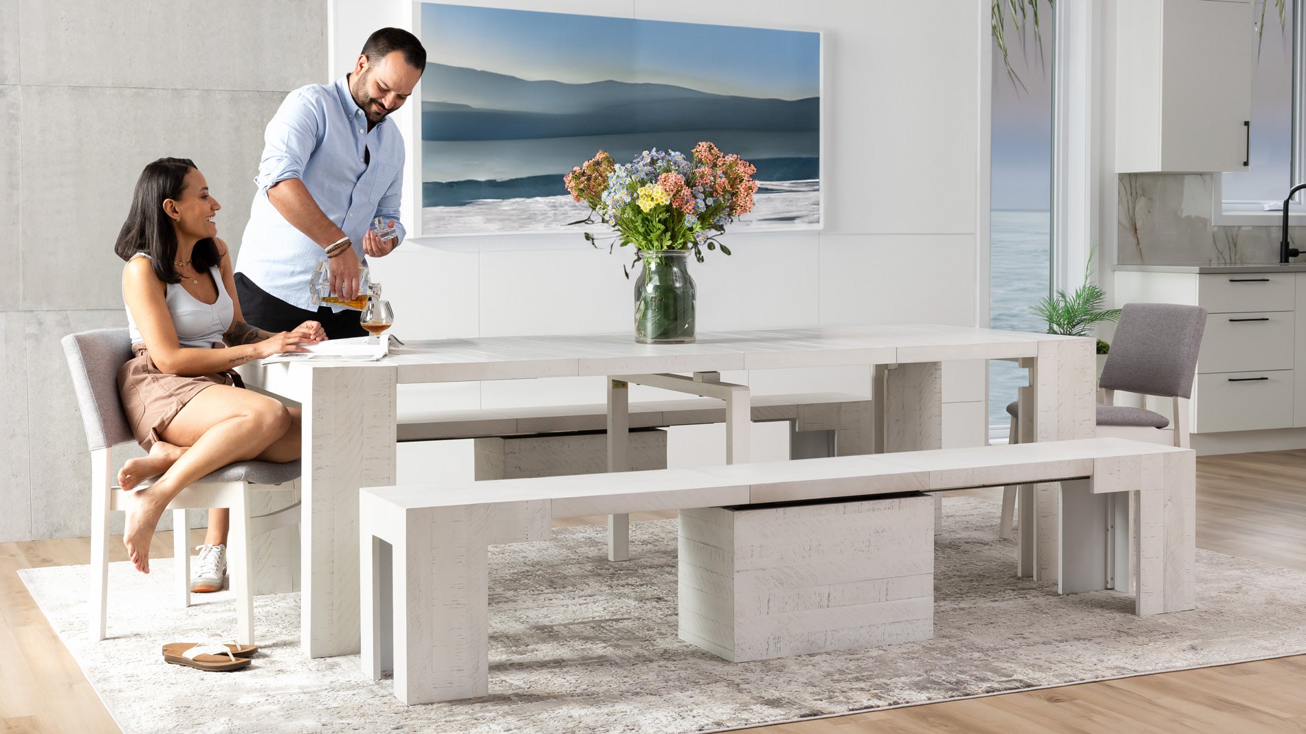 Extendable dining outlet table with bench