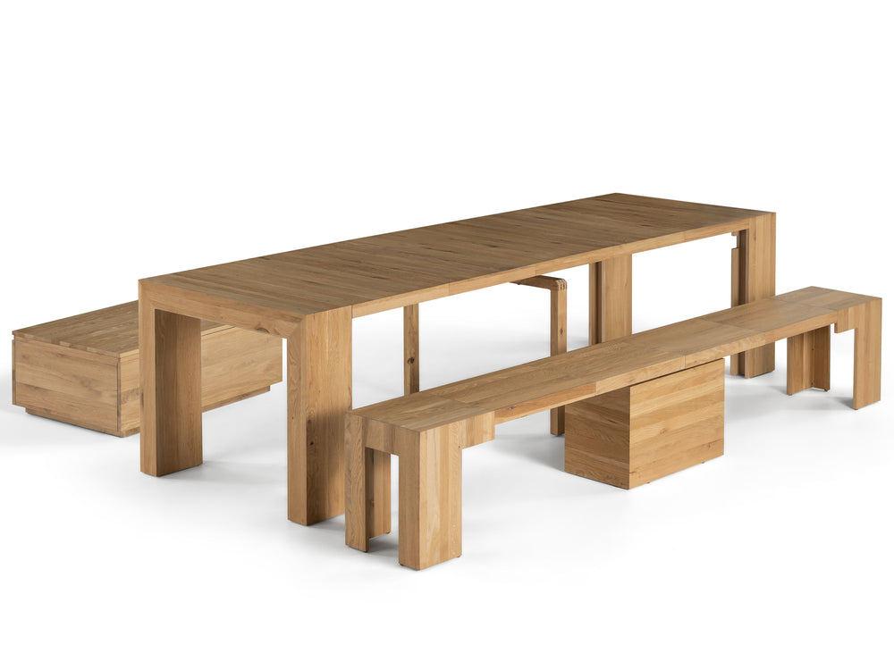Scandinavian Oak::Gallery::Expanded Scandinavian Oak Transformer Table Shown with Bench