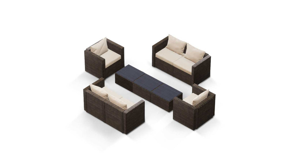 Brown Wicker / Beige Cushion::Gallery::Transformer Triple Outdoors Set - Brown Wicker with Beige Fabric Cushions