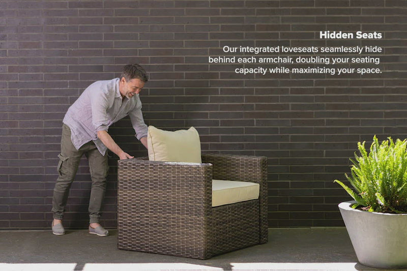 Beige Wicker / Beige Cushion::Gallery::Transformer Triple Outdoors Set - Beige Wicker with Beige Fabric Cushions - Hidden Seats Video
