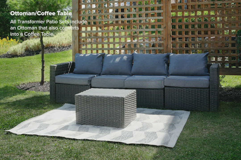 Grey Wicker / Grey Cushion::Gallery::Transformer Triple Outdoors Set - Grey Wicker with Grey Fabric Cushions - Ottoman Coffee Table Video