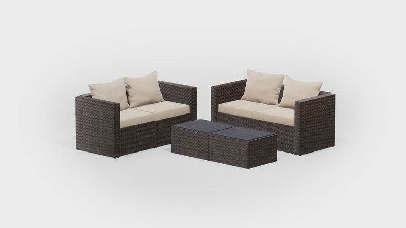Brown Wicker / Beige Cushion::Gallery::Transformer Double Outdoors Set - Brown Wicker with Beige Fabric Cushions - Configurations Video